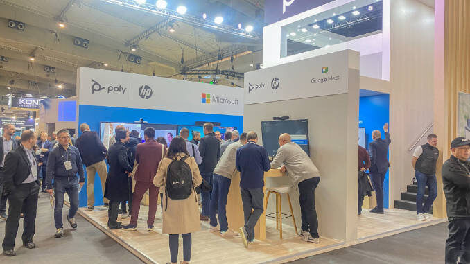 En su stand en ISE 2023, Poly/HP presentó una multitud de soluciones y dispositivos para el trabajo en equipo y salas de reuniones de todos los tamaños. Foto: Poly/HP