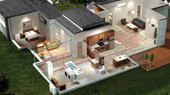 La combinación de una unidad exterior Multi V S R32, un Hidrokit, un depósito de ACS y una o varias unidades interiores de aire acondicionado, favorece el ahorro energético y económico al centralizar la producción de agua caliente sanitaria, calefacción y refrigeración en un mismo sistema. Foto: LG