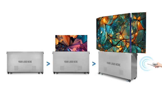 Los nuevos videowalls de la serie Transformer de FutureLED, ideales para educación, hotelería, alquiler audiovisual y ferias, se deslizan y despliegan de forma automática desde un compacto ‘flightcase’. Foto: Concept International Spain