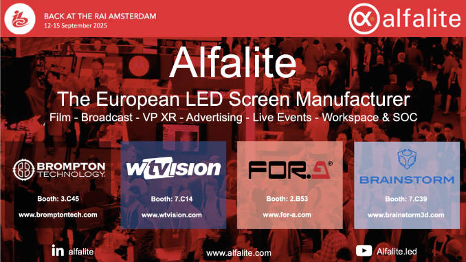 Los asistentes a IBC 2025 podrán descubrir las últimas inovaciones de Alfalite en los siguientes stands de sus partners Brainstorm, Brompton Technology, FOR-A y wTVision. Foto: Alfalite